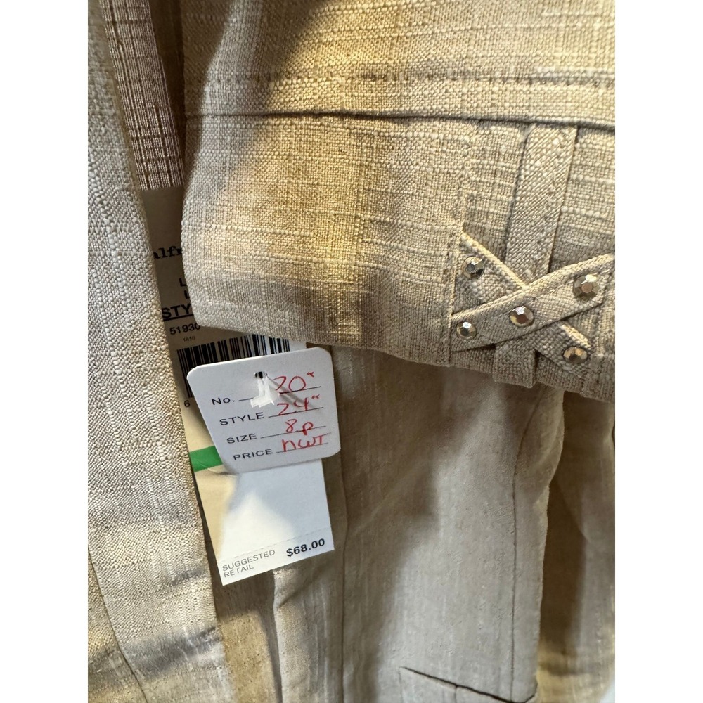 236 Alfred Dunner Petite 8P Tan Open Front Blazer Studded Lattice Jacket NWT - Picture 3 of 5
